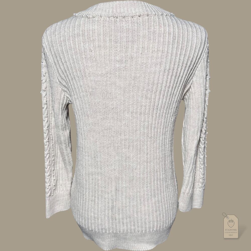 Karl Lagerfeld Paris Sweater XS Ivory Pearl Embellished Cable Knit Crew Neck - Picture 6 of 7